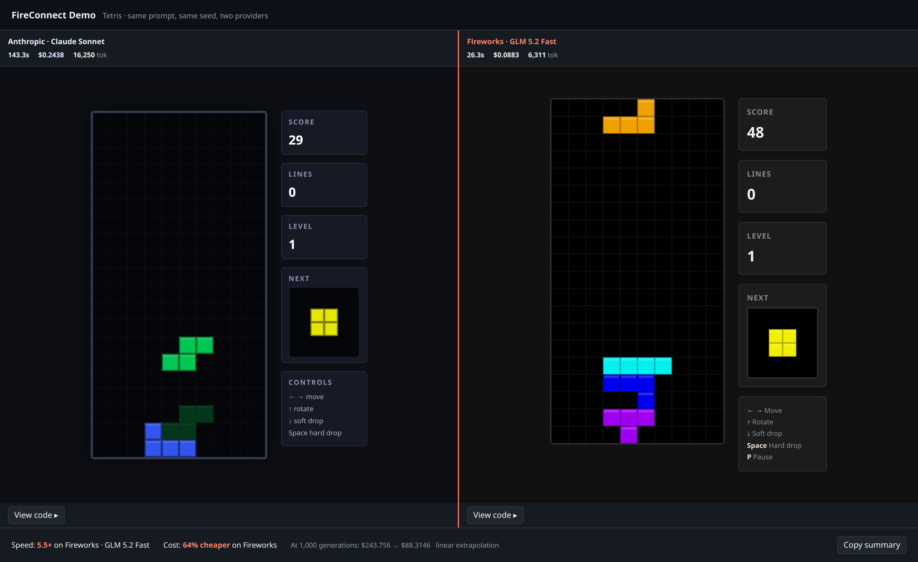 FireConnect demo browser comparison page with Tetris apps from Anthropic and Fireworks side by side and speed and cost metrics
