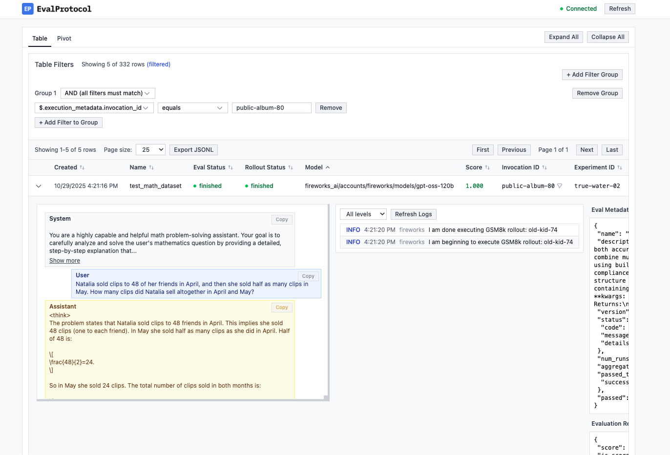 Screenshot of the local GSM8K evaluation UI showing aggregate scores and trajectories panels.