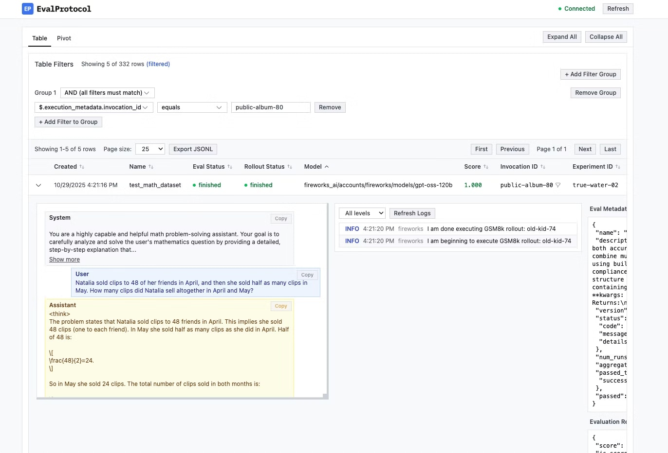 GSM8K evaluation UI showing model scores and trajectories