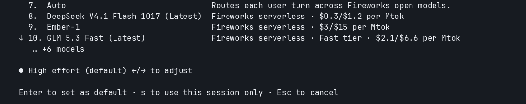Claude Code model picker showing Auto, DeepSeek, Ember, and GLM Fireworks serverless models
