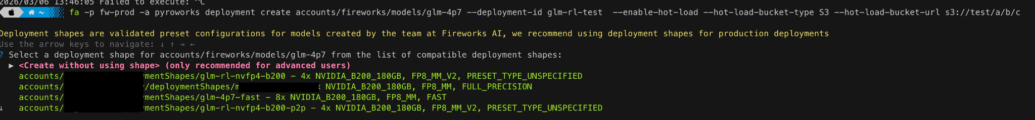 firectl deployment shape picker