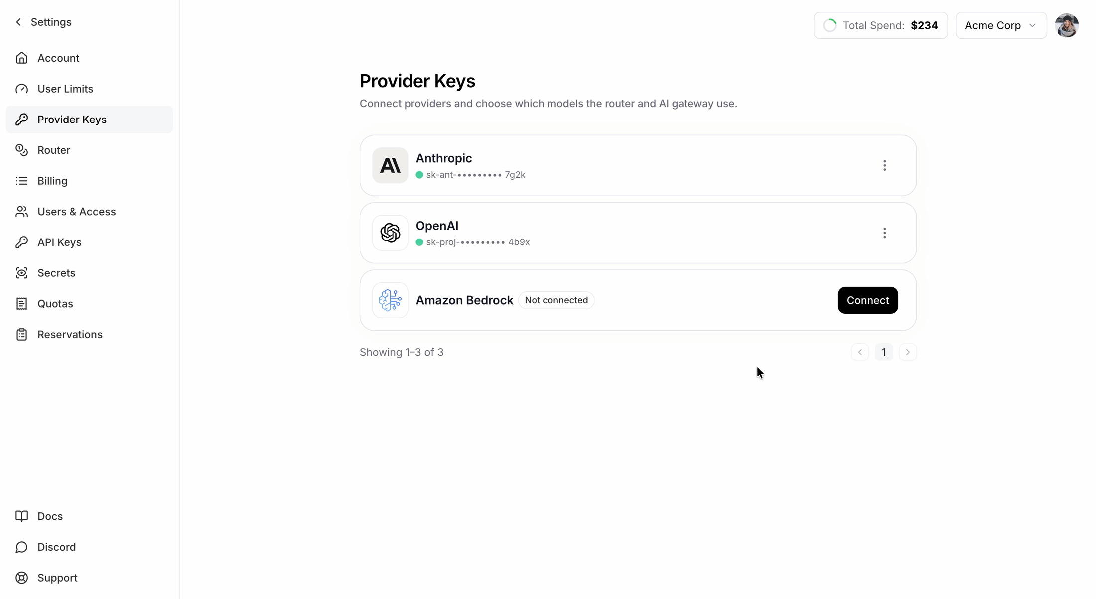 Connecting a Bedrock API key in the Provider Keys dashboard