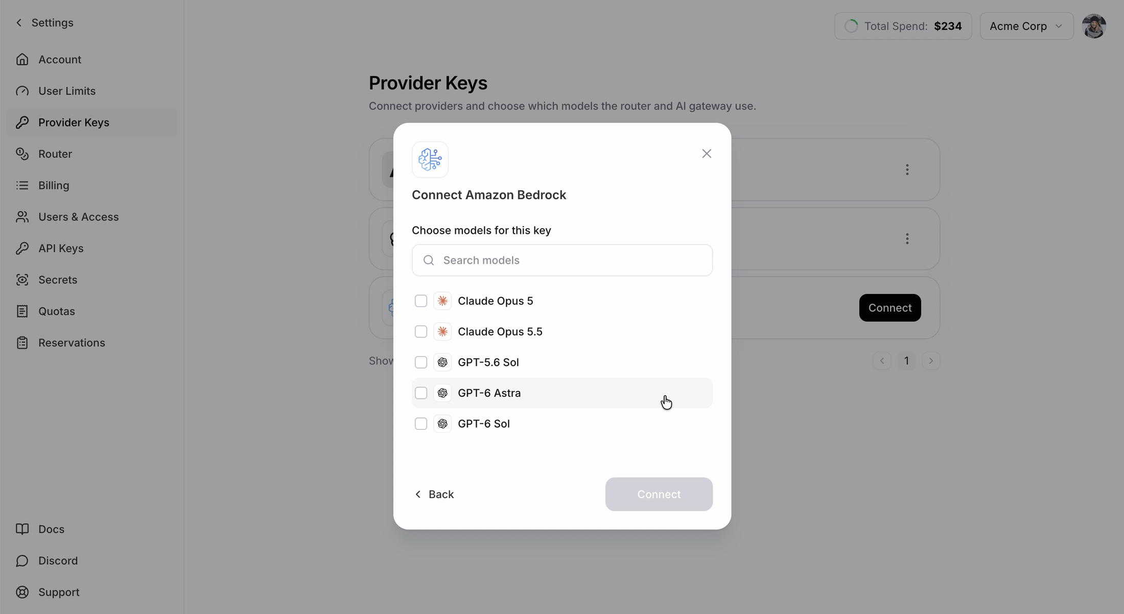 Model picker for connecting models to the Bedrock key