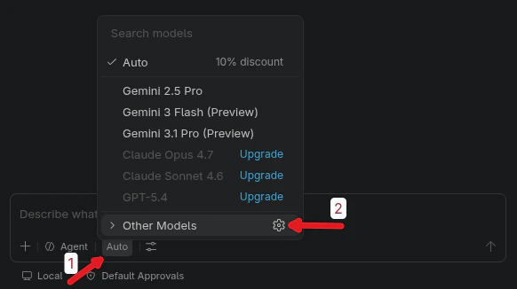 Copilot Chat model picker with gear icon next to Other Models