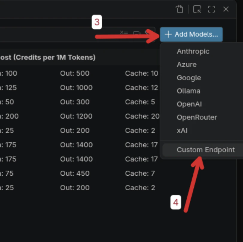 Add Models menu with Custom Endpoint selected