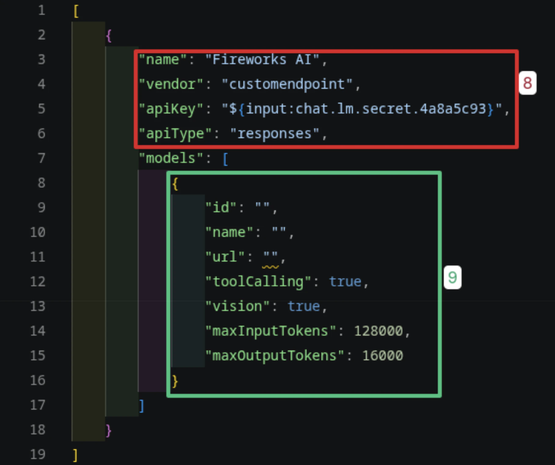 Copilot custom endpoint config file with template section