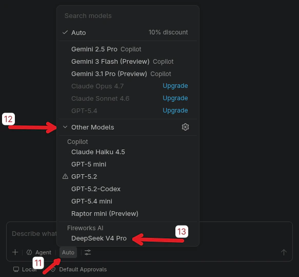 Model picker showing Fireworks AI custom model at bottom of Other Models