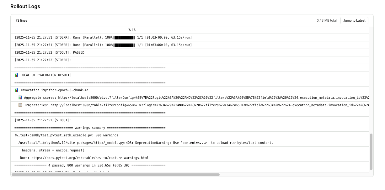 Live log streaming showing rollout processing and evaluation