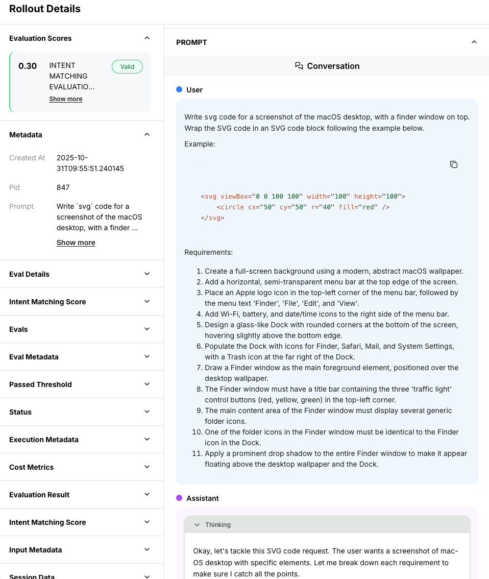 Detailed view of a single rollout showing full prompt, response, and evaluation