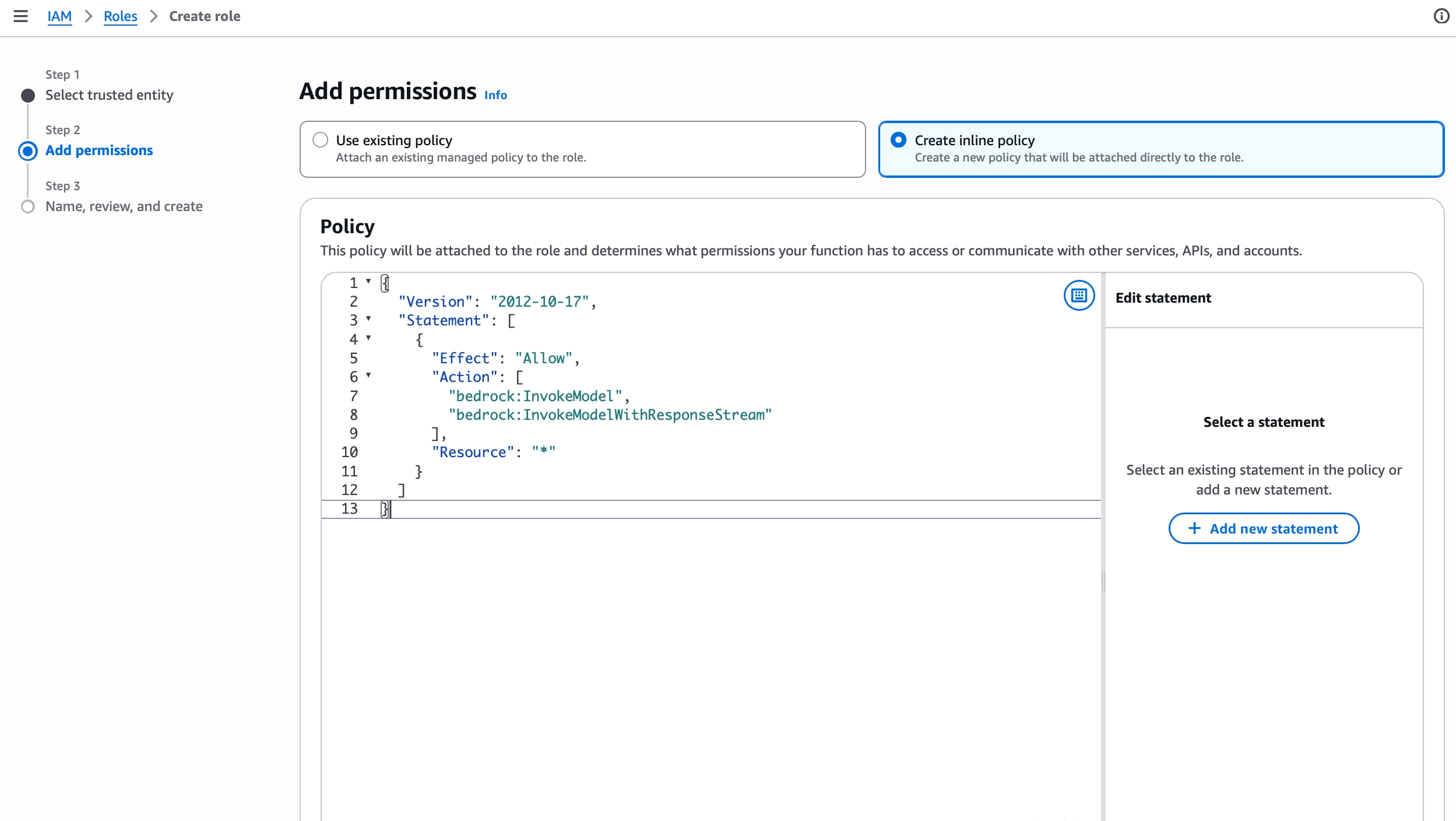 Adding an inline Bedrock invocation policy in the AWS IAM Create role wizard