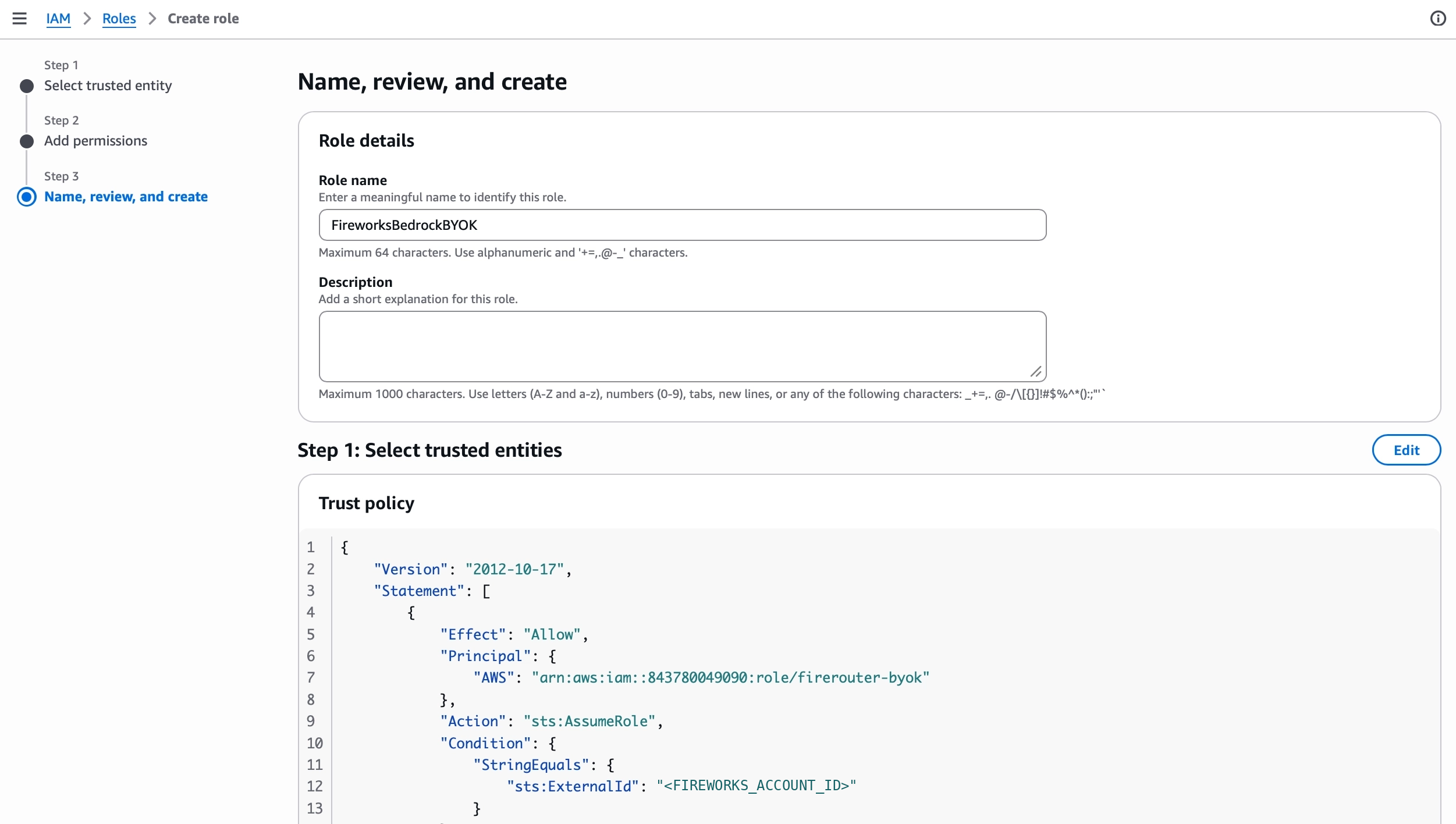 Reviewing the FireworksBedrockBYOK role name and trust policy before creating the AWS IAM role