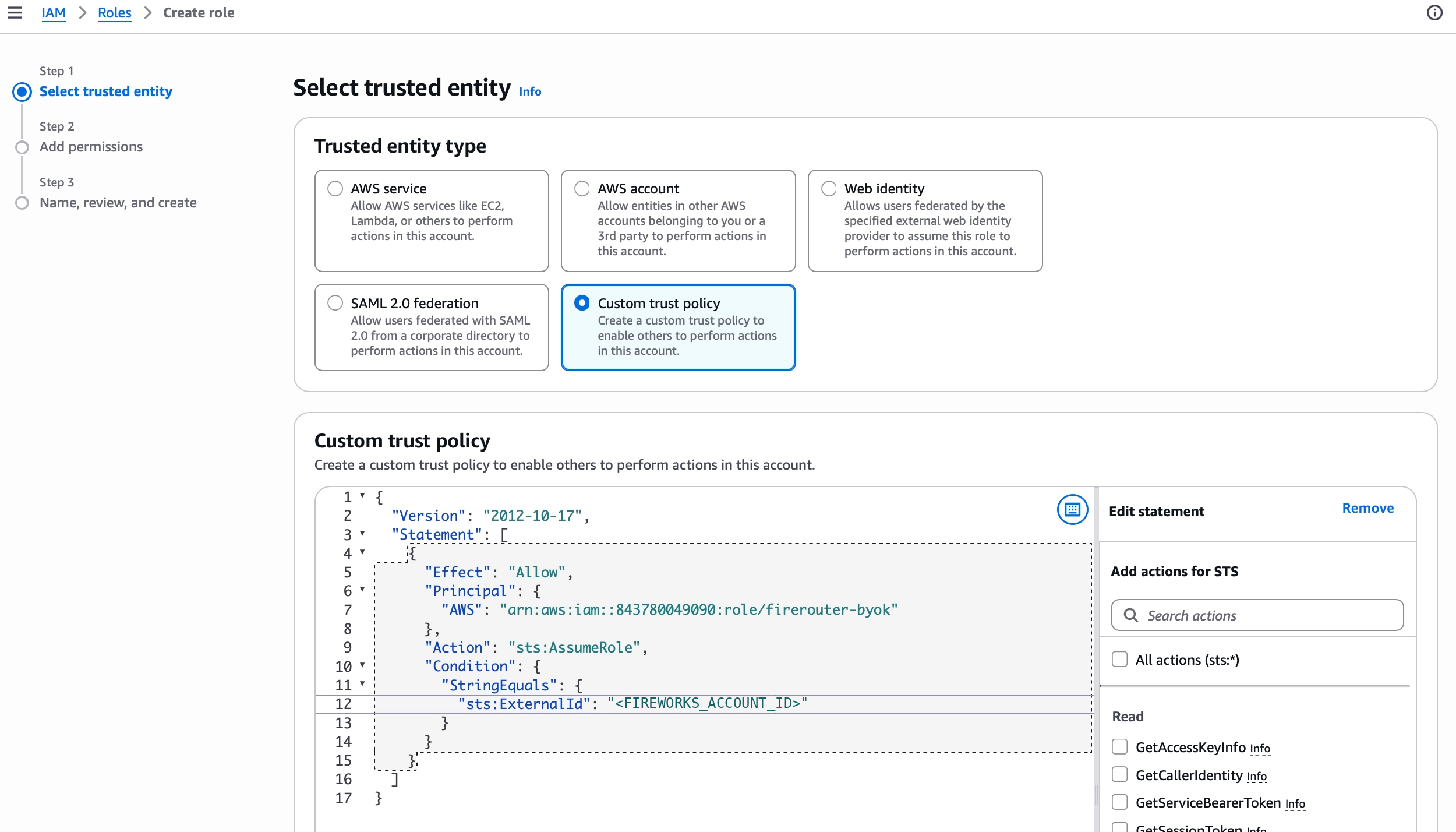 Configuring the Fireworks principal ARN and account-specific External ID in an AWS IAM custom trust policy