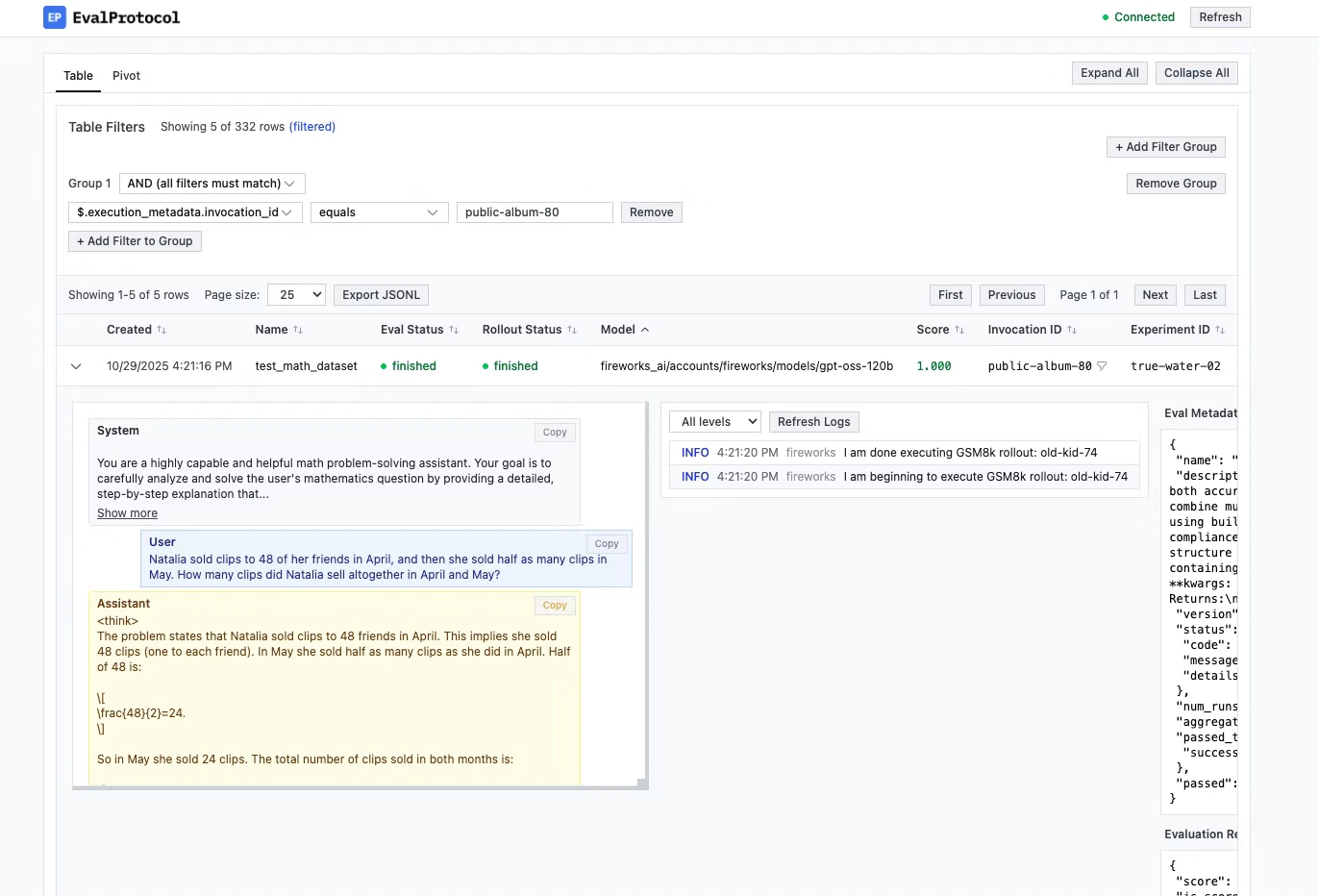 GSM8K evaluation UI showing model scores and trajectories