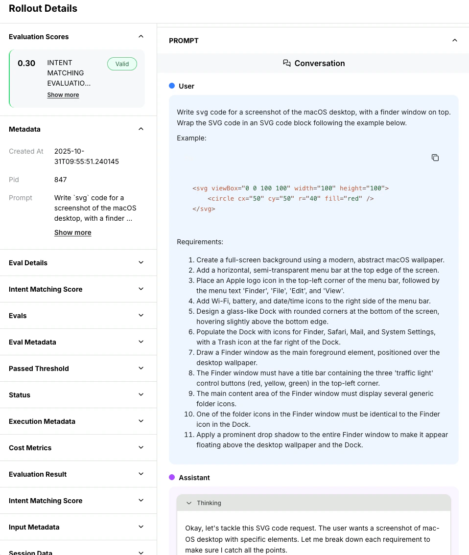 Detailed view of a single rollout showing full prompt, response, and evaluation