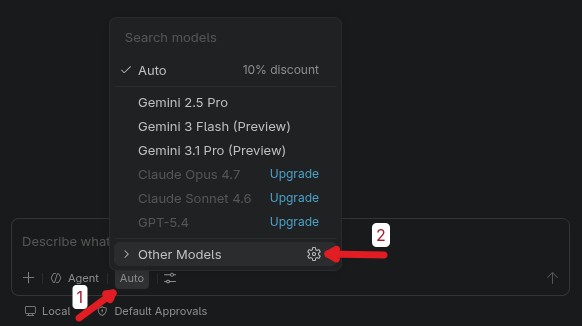 Copilot Chat model picker with gear icon next to Other Models