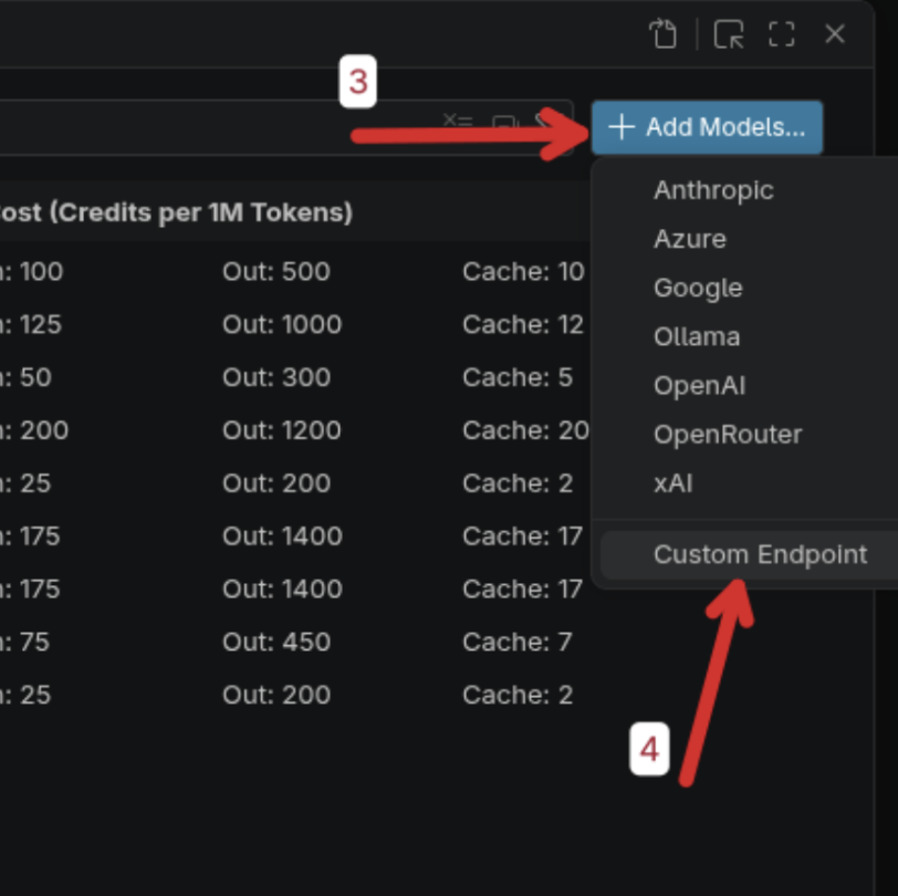 Add Models menu with Custom Endpoint selected