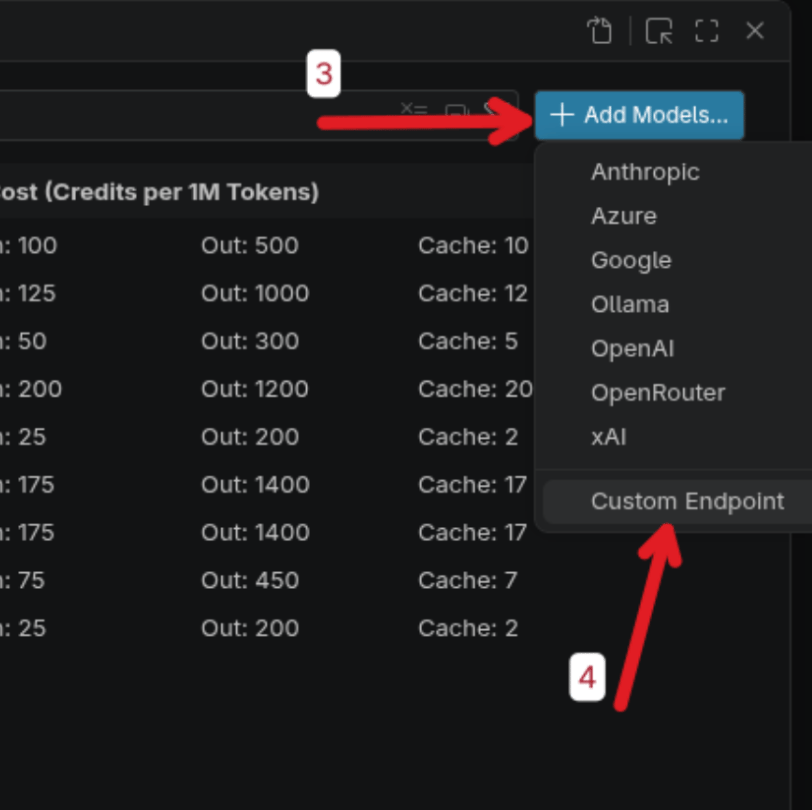Add Models menu with Custom Endpoint selected