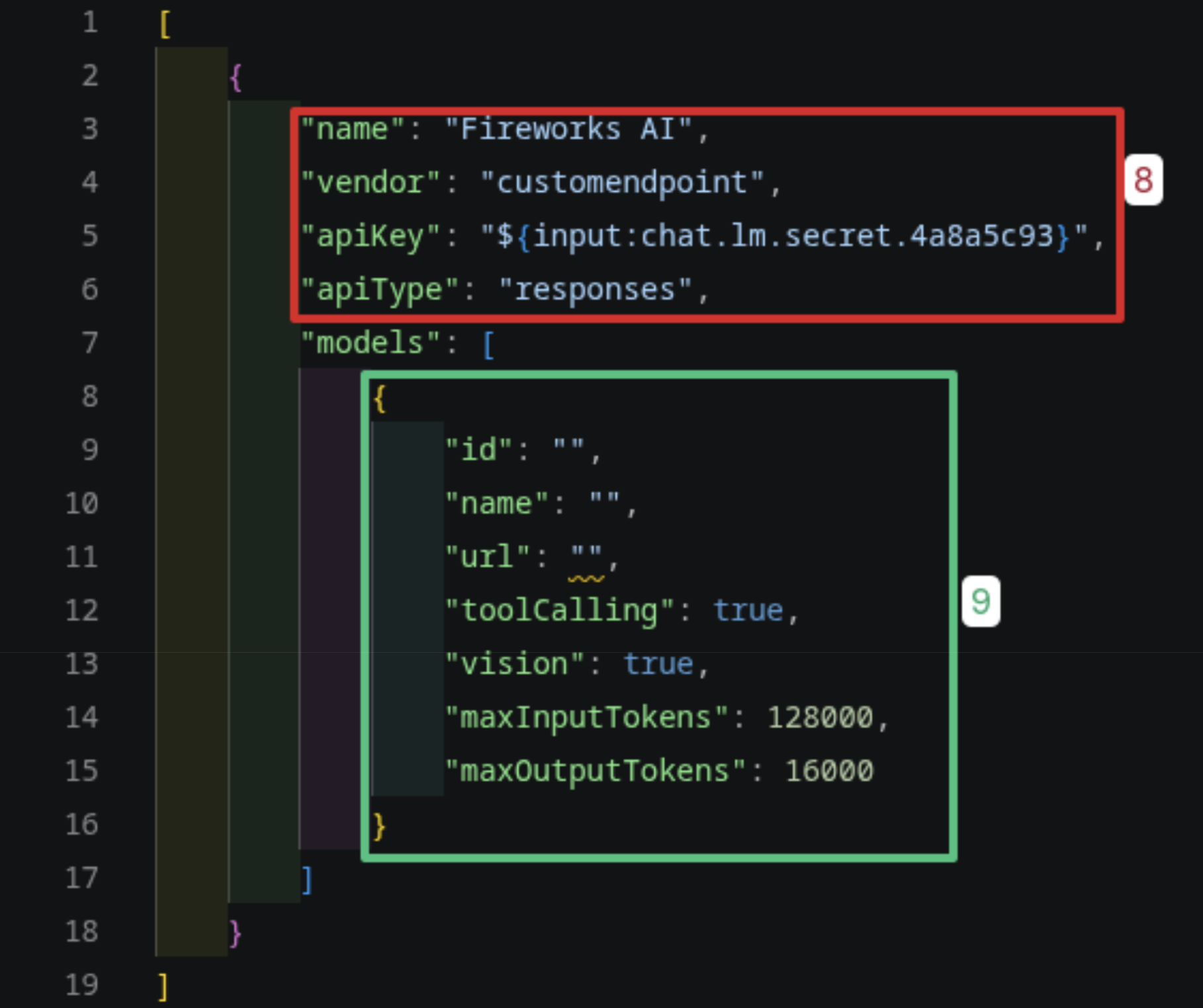 Copilot custom endpoint config file with template section