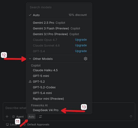 Model picker showing Fireworks AI custom model at bottom of Other Models