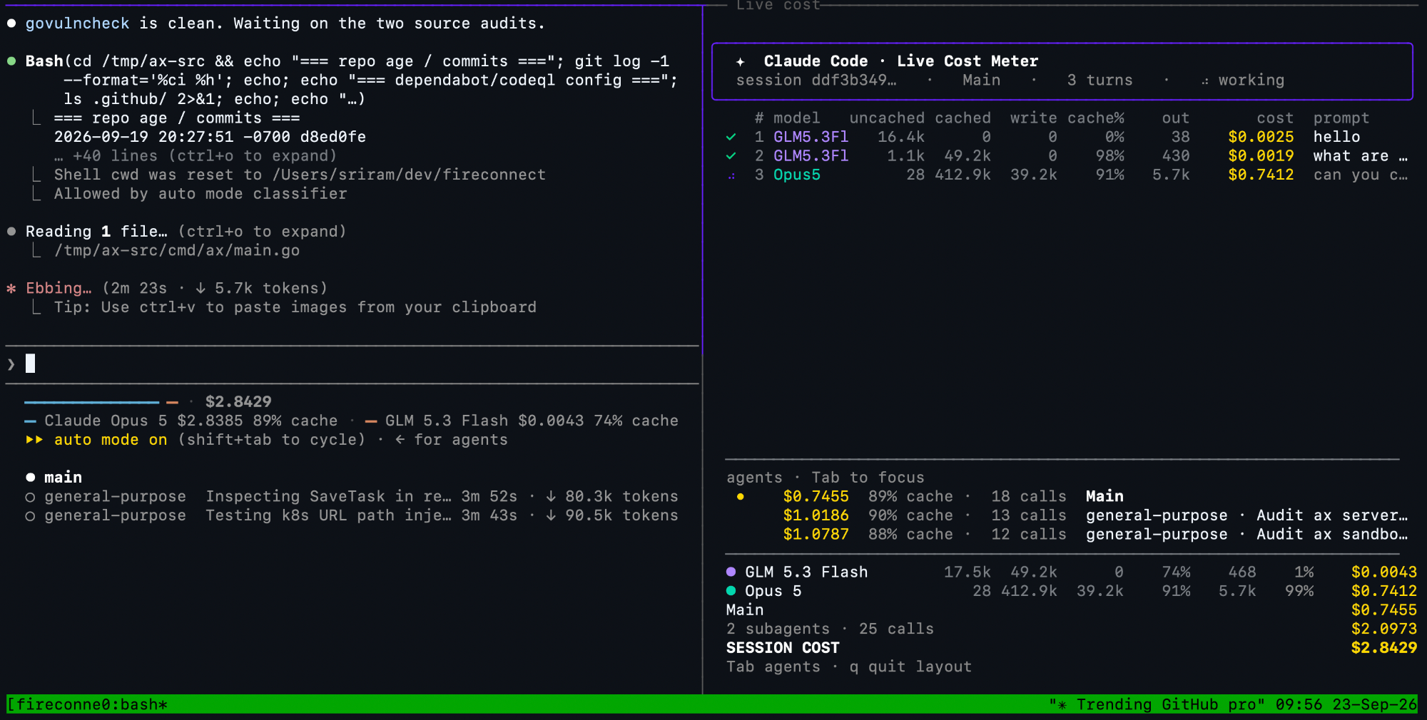 Split terminal with Claude Code on the left and a live meter on the right showing GLM 5.3 Flash and Opus 5 model choices, token buckets, cache share, and estimated cost per turn