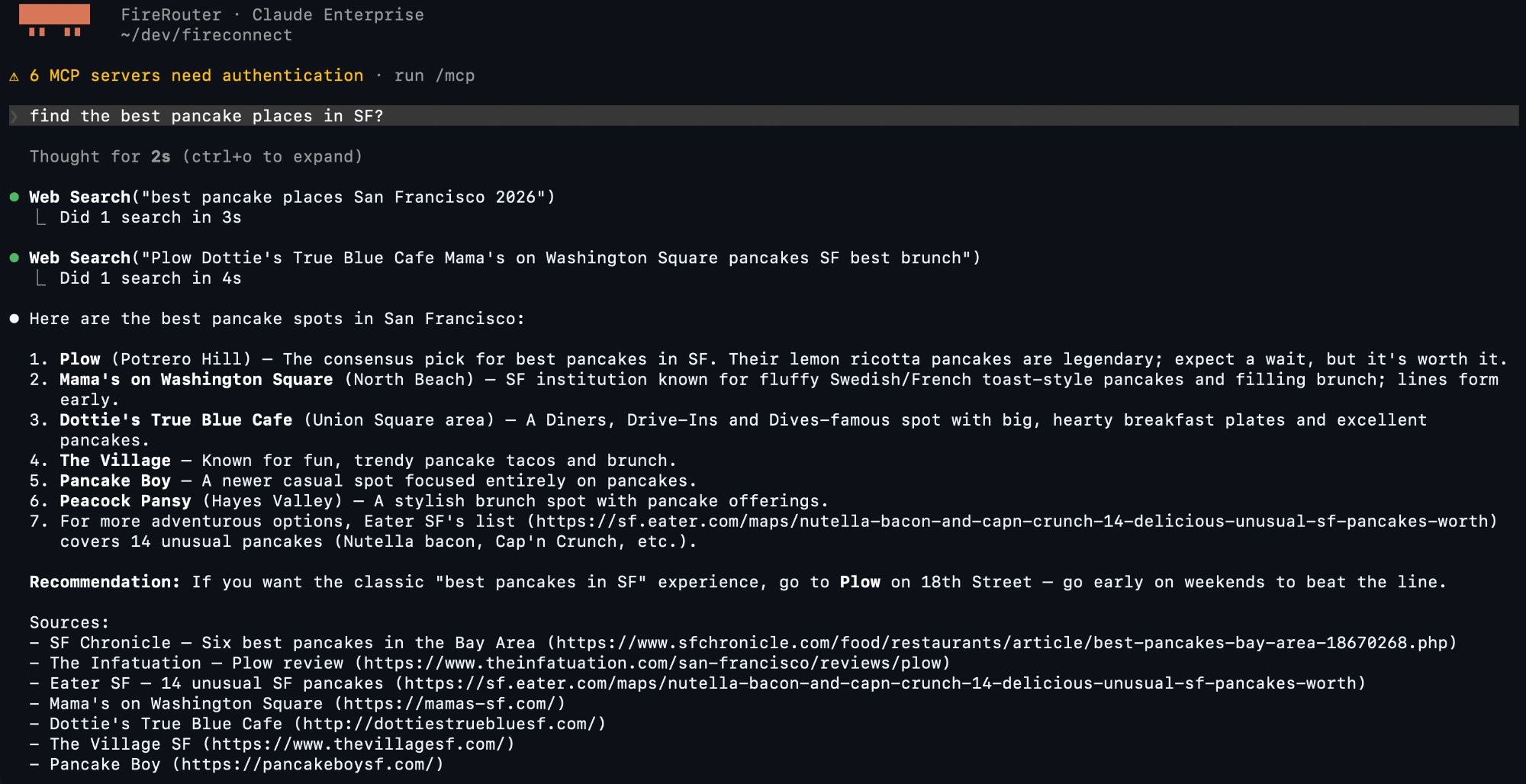Claude Code using native Web Search twice and returning a sourced list of pancake restaurants in San Francisco