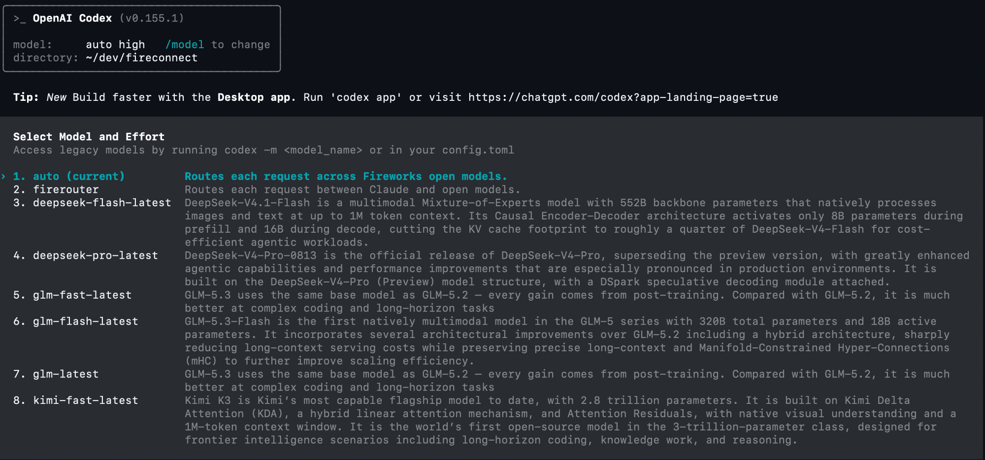 Codex CLI model picker showing Auto selected, FireRouter, and Fireworks DeepSeek, GLM, and Kimi models