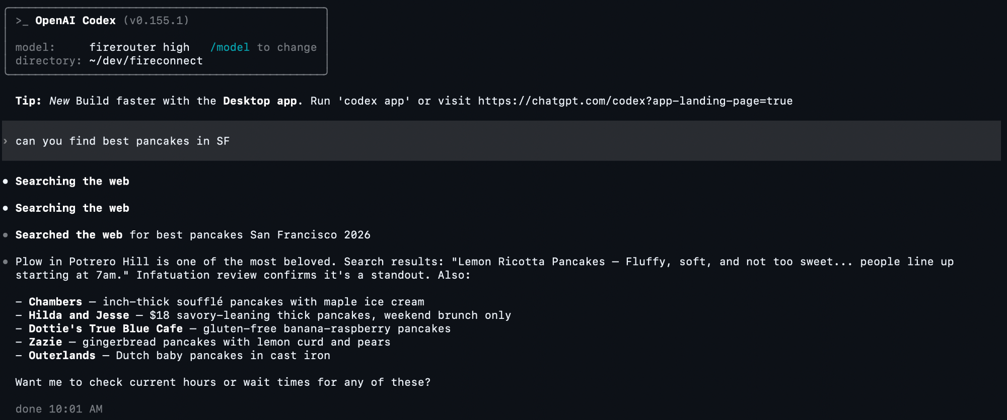 Codex CLI searching the web and returning a list of pancake restaurants in San Francisco