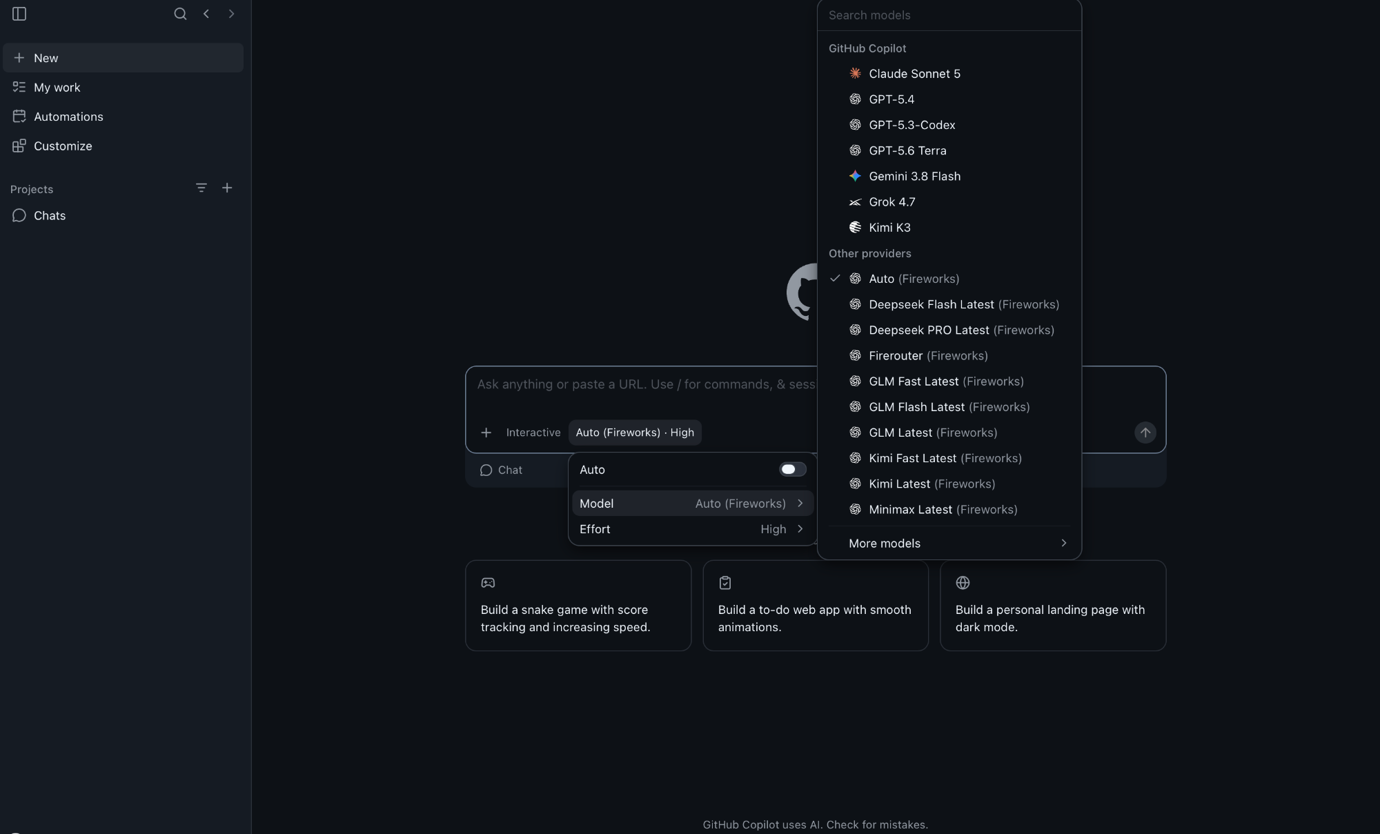 GitHub Copilot desktop app model picker showing Auto selected from Fireworks alongside FireRouter, DeepSeek, GLM, Kimi, and MiniMax models