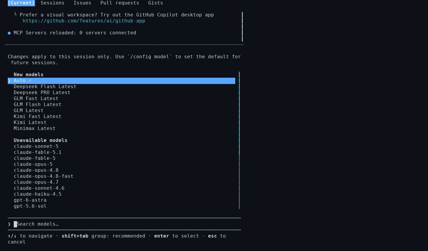 Copilot CLI model picker showing Auto selected and Fireworks DeepSeek, GLM, Kimi, and MiniMax models