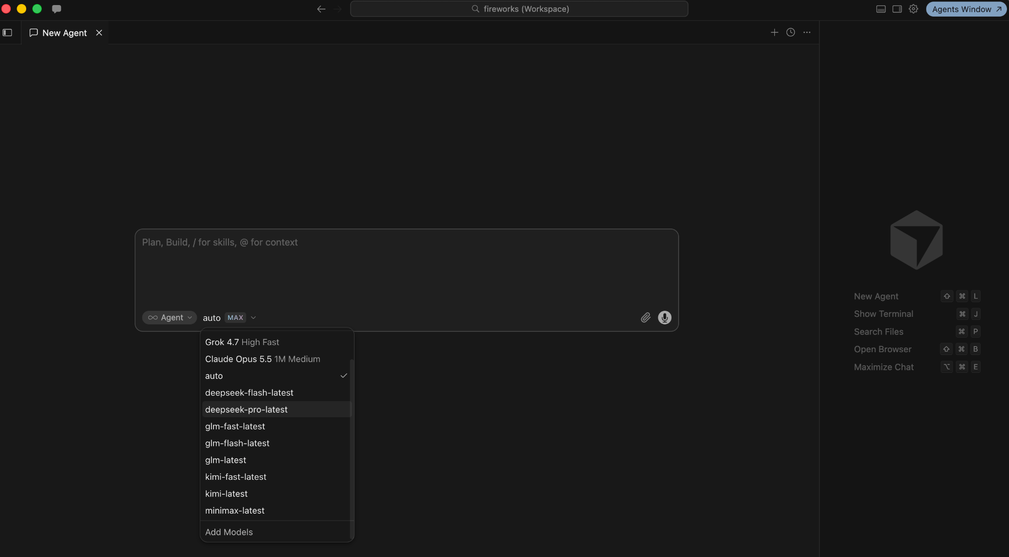 Cursor IDE model picker showing Auto selected with Fireworks DeepSeek, GLM, Kimi, and MiniMax models