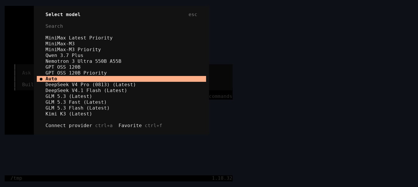 OpenCode model picker showing Auto selected and Fireworks DeepSeek, GLM, Kimi, and other models