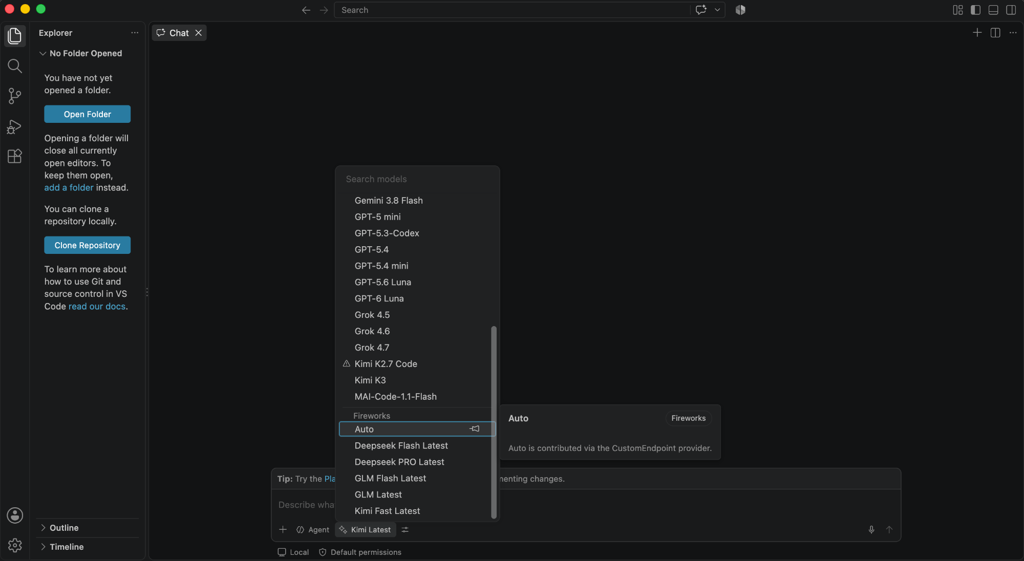 VS Code Chat model picker showing the Fireworks provider with Auto selected and DeepSeek, GLM, and Kimi models