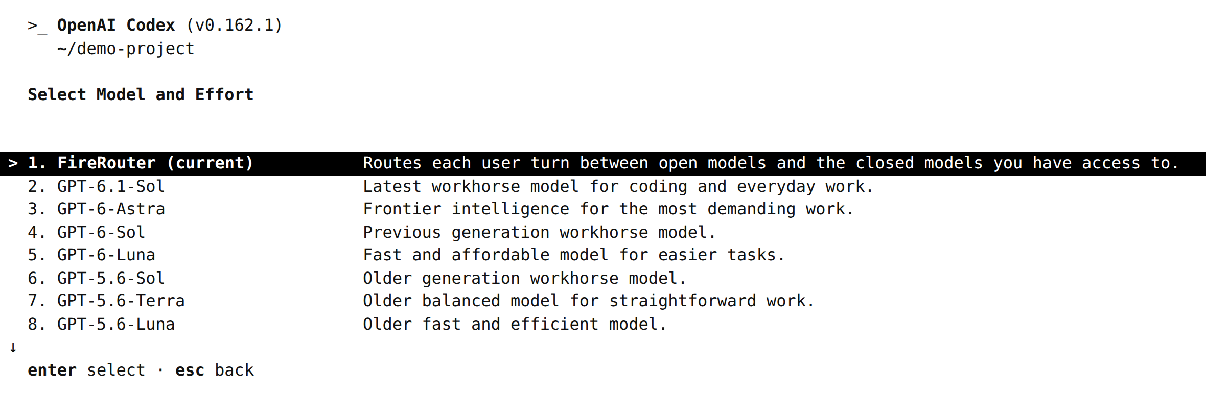 Codex CLI Select Model and Effort picker with FireRouter (current) selected, described as routing each user turn between open models and the closed models you have access to, followed by GPT-6.1-Sol, GPT-6-Astra, GPT-6-Sol, GPT-6-Luna, and older GPT models