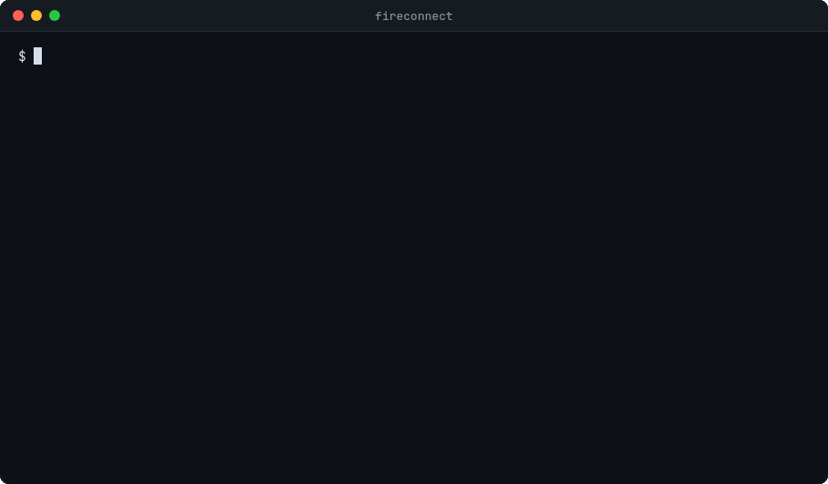 Terminal running fireconnect: the menu lists each harness with its status, codex is selected, then on, and FireConnect connects Codex and prints the direct command, fireconnect codex
