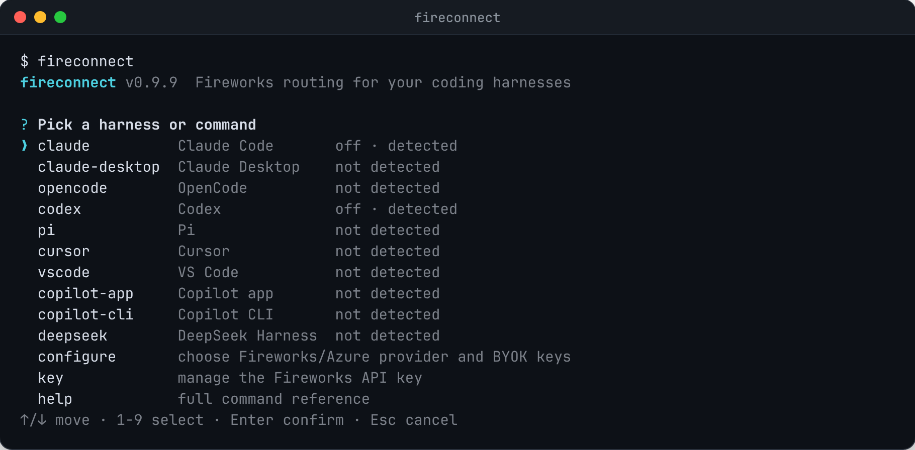 FireConnect interactive menu listing claude, claude-desktop, opencode, codex, pi, cursor, vscode, copilot-app, copilot-cli, and deepseek with their status, then configure, key, and help