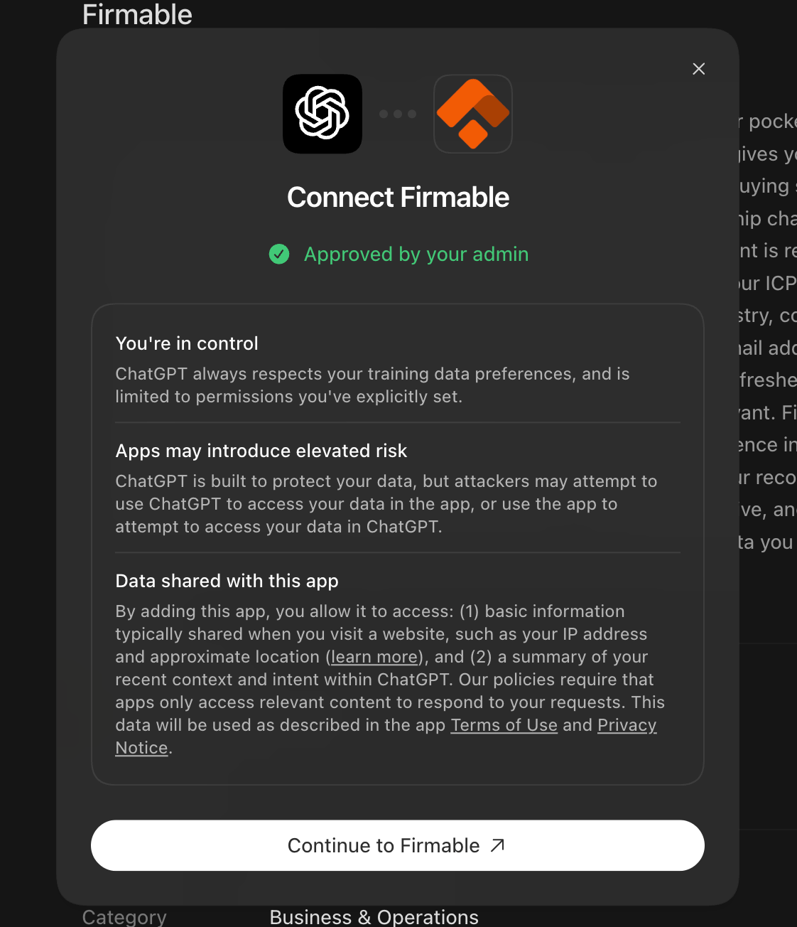 Connect Firmable dialog in Codex with the Continue to Firmable button and data-sharing notice