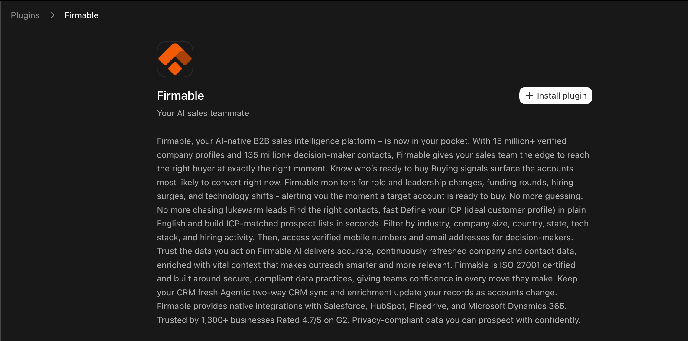 Firmable plugin page in Codex with the Install plugin button