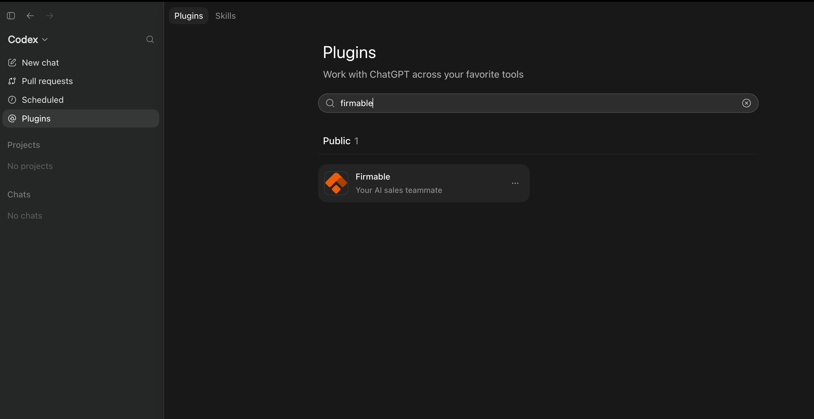 Codex Plugins page with 'firmable' searched, showing the Firmable plugin under Public