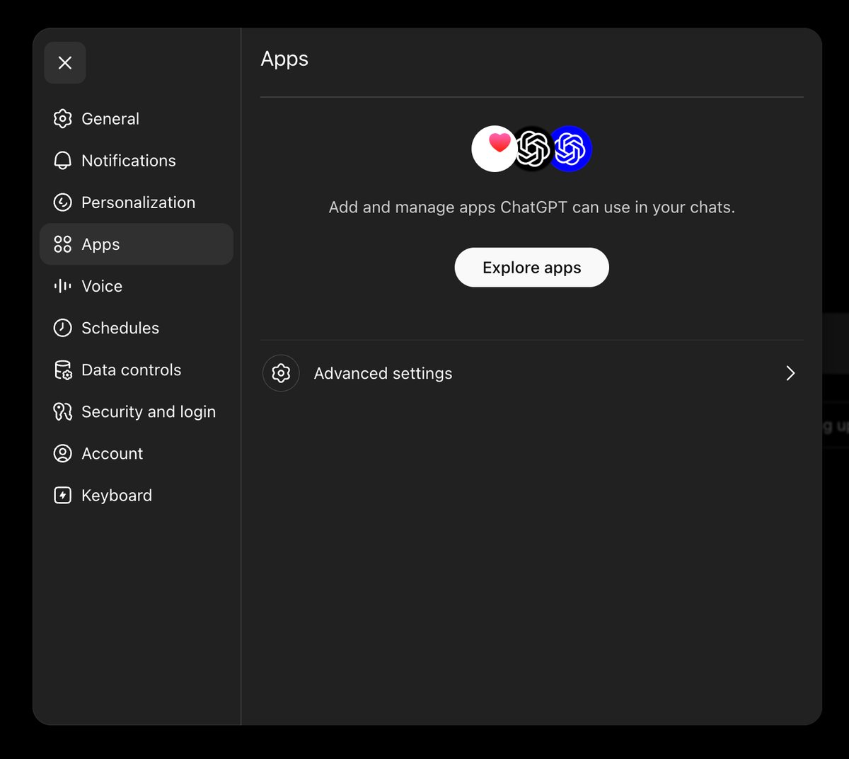 ChatGPT Settings Apps tab with the Advanced settings row