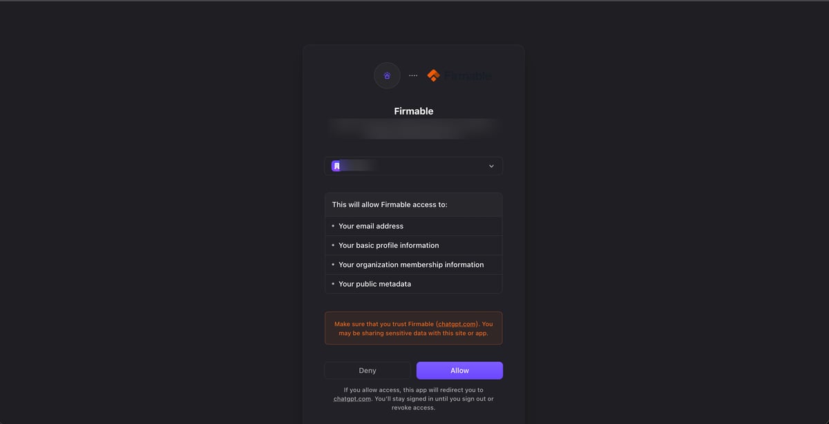 Firmable OAuth screen requesting access, with an Allow button