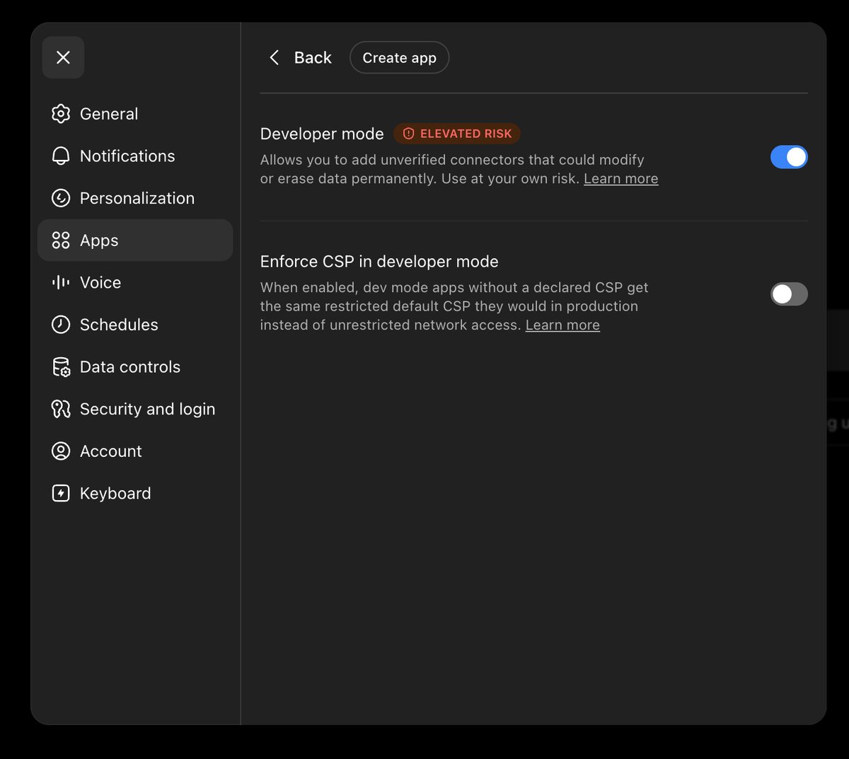 ChatGPT Advanced settings with Developer mode enabled and the Create app button
