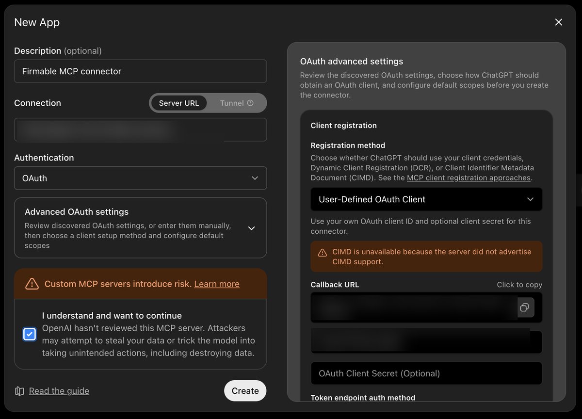 ChatGPT New App advanced OAuth settings with the Client ID field and Callback URL