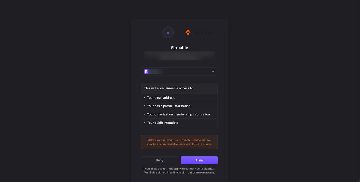 Firmable OAuth screen requesting access, with an Allow button