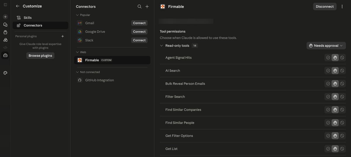 Connected Firmable connector showing the list of tools and their permission settings