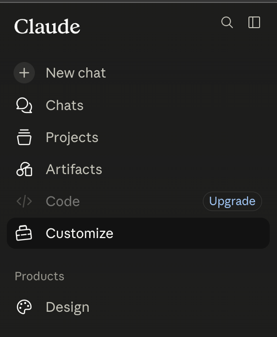 Claude (Web) sidebar with the Customize item highlighted