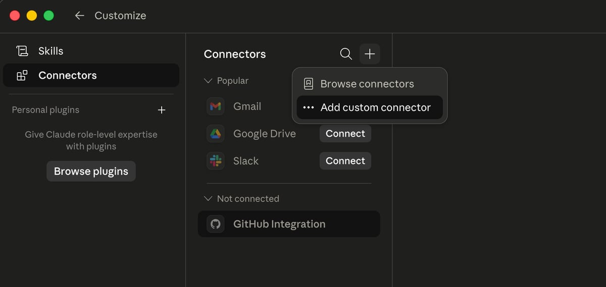 Claude (Desktop) Connectors tab with the plus menu open showing Add custom connector