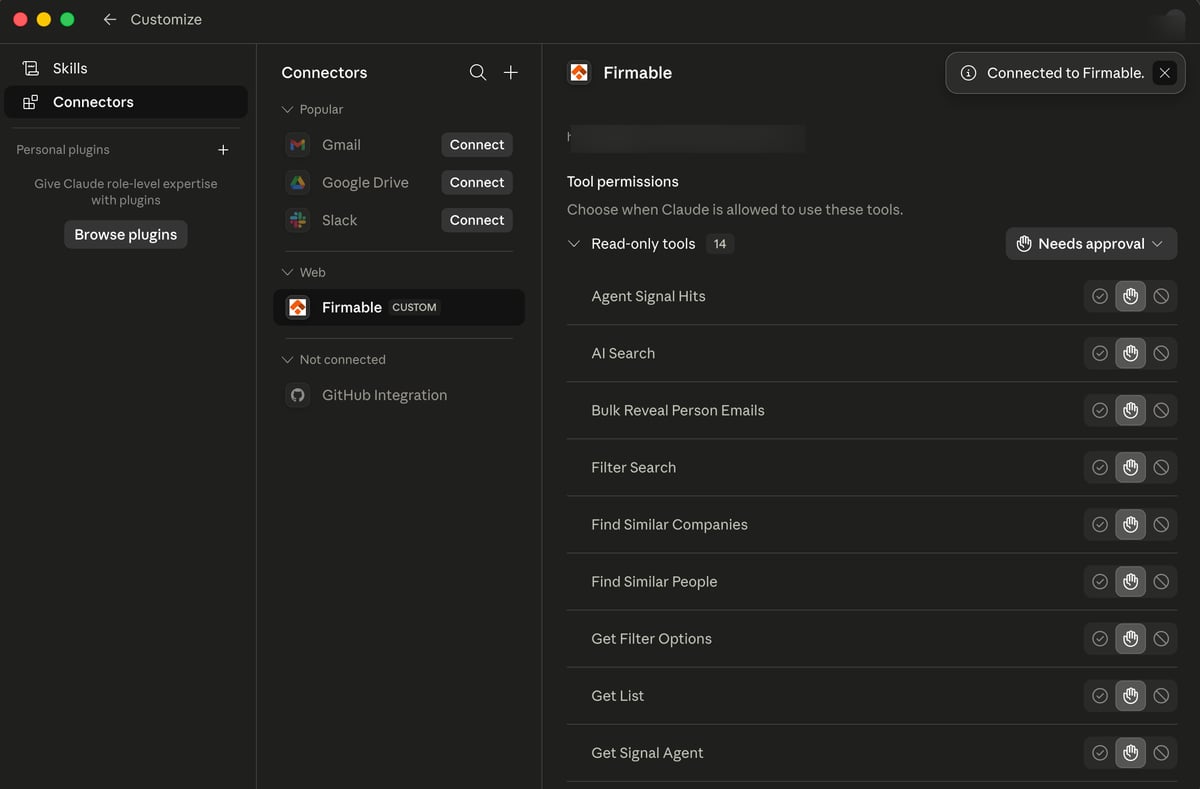 Connected Firmable connector in Claude (Desktop) showing the list of tools and their permission settings