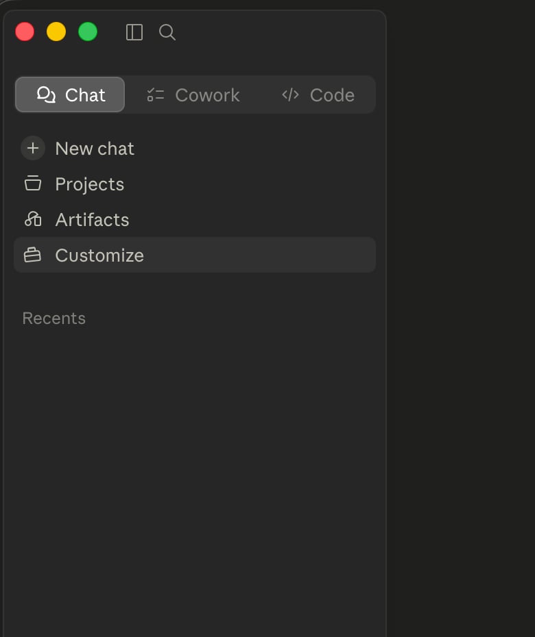Claude (Desktop) sidebar with the Customize item highlighted