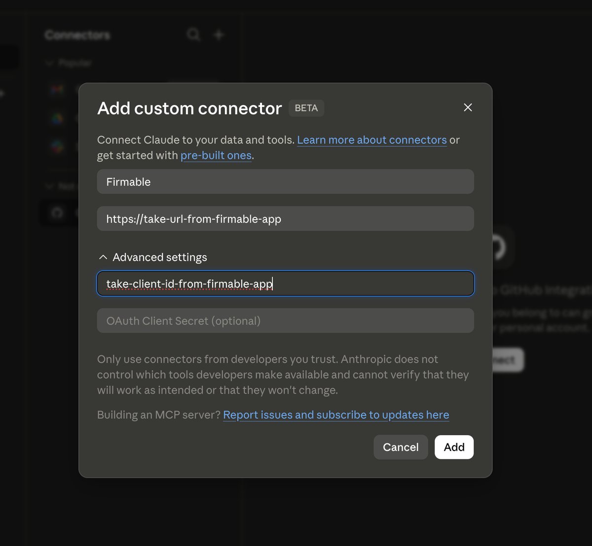 Add custom connector dialog in Claude (Desktop) with the Firmable details filled in