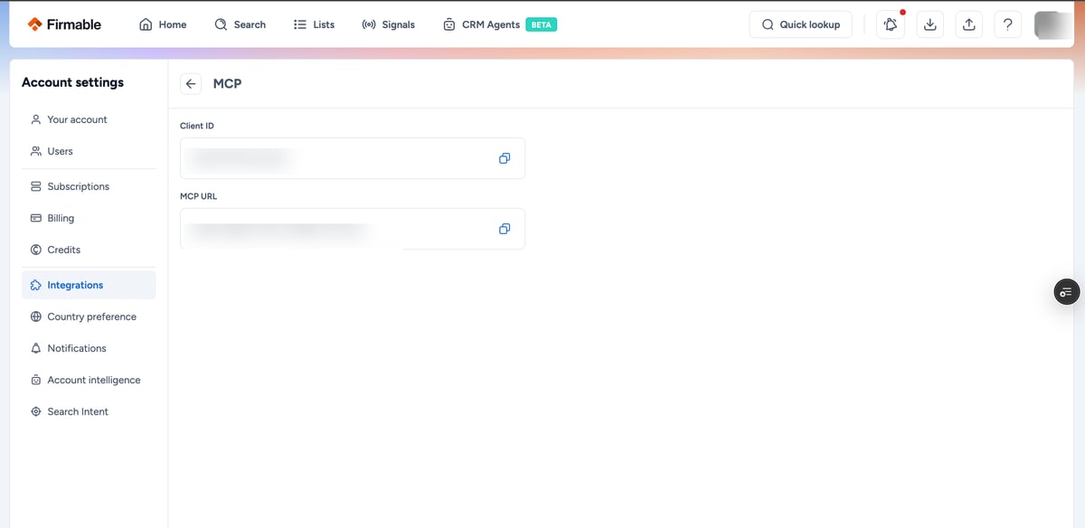 Firmable MCP settings page showing the Client ID and MCP URL fields with copy buttons